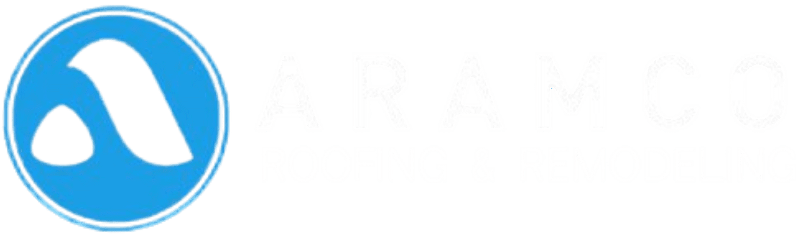 Aramco Roofing & Remodeling logo with a stylized blue and black icon on the left and company name in bold white text on a black background.